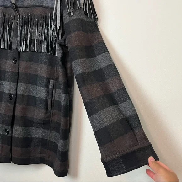 NWT Something Navy Charcoal Combo Plaid Fringe Shacket Size XL Women